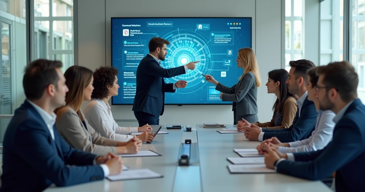 Equipe reunida em uma sala moderna olhando para uma apresentação sobre atendimento com IA 