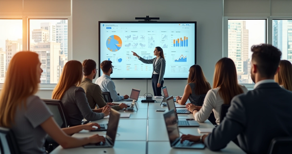 Colaboradores em sala de treinamento, atentos ao instrutor que apresenta IA em tela grande