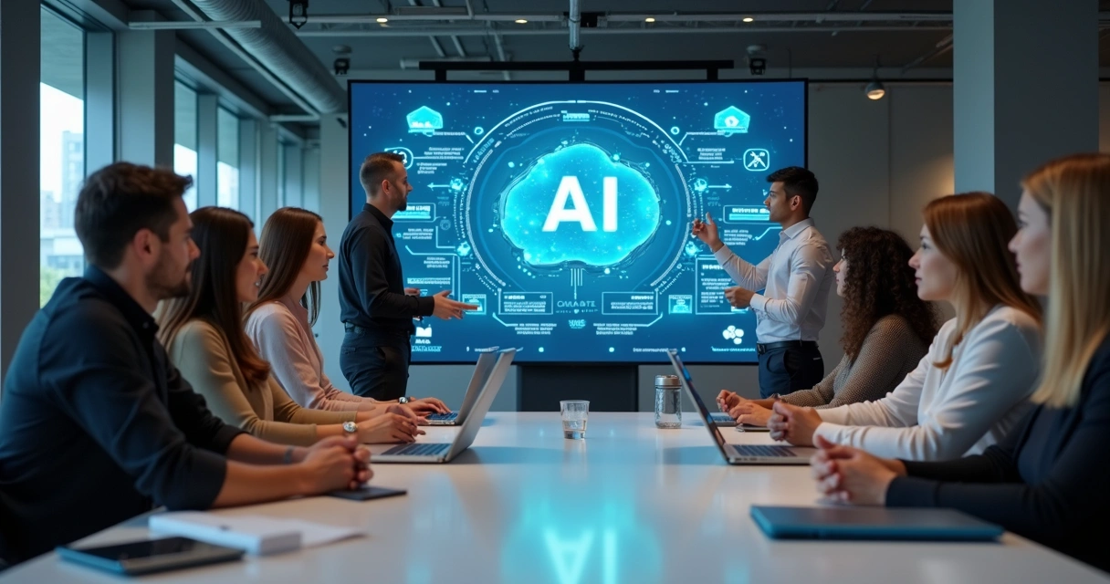 Grupo recebendo treinamento sobre IA em espaço de trabalho moderno 