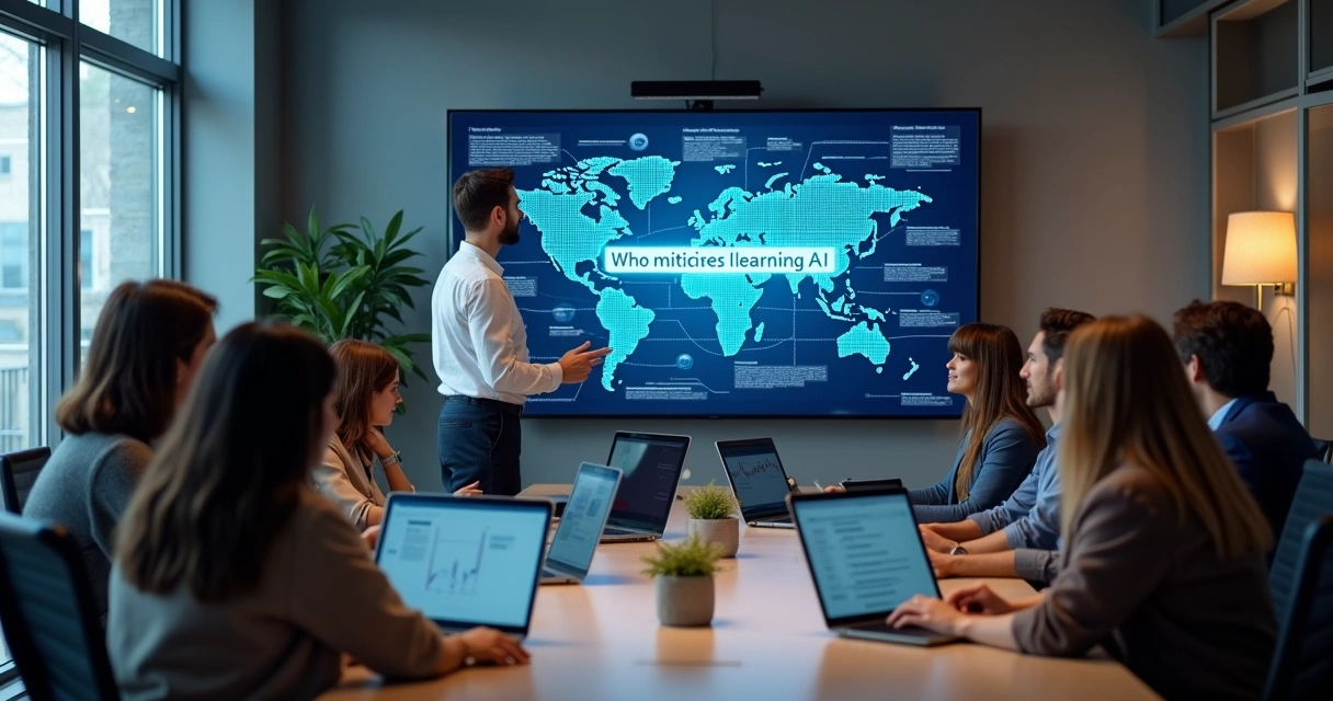 Equipe participando de treinamento em IA numa sala moderna 