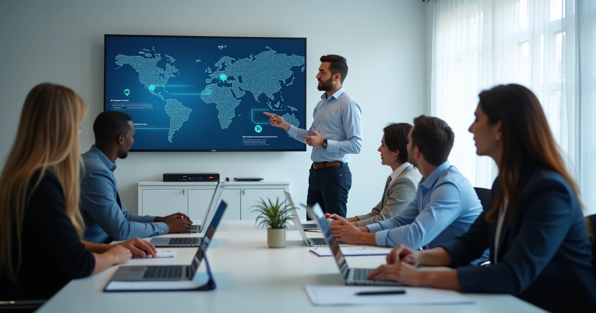 Time recebendo treinamento sobre IA em sala de reunião
