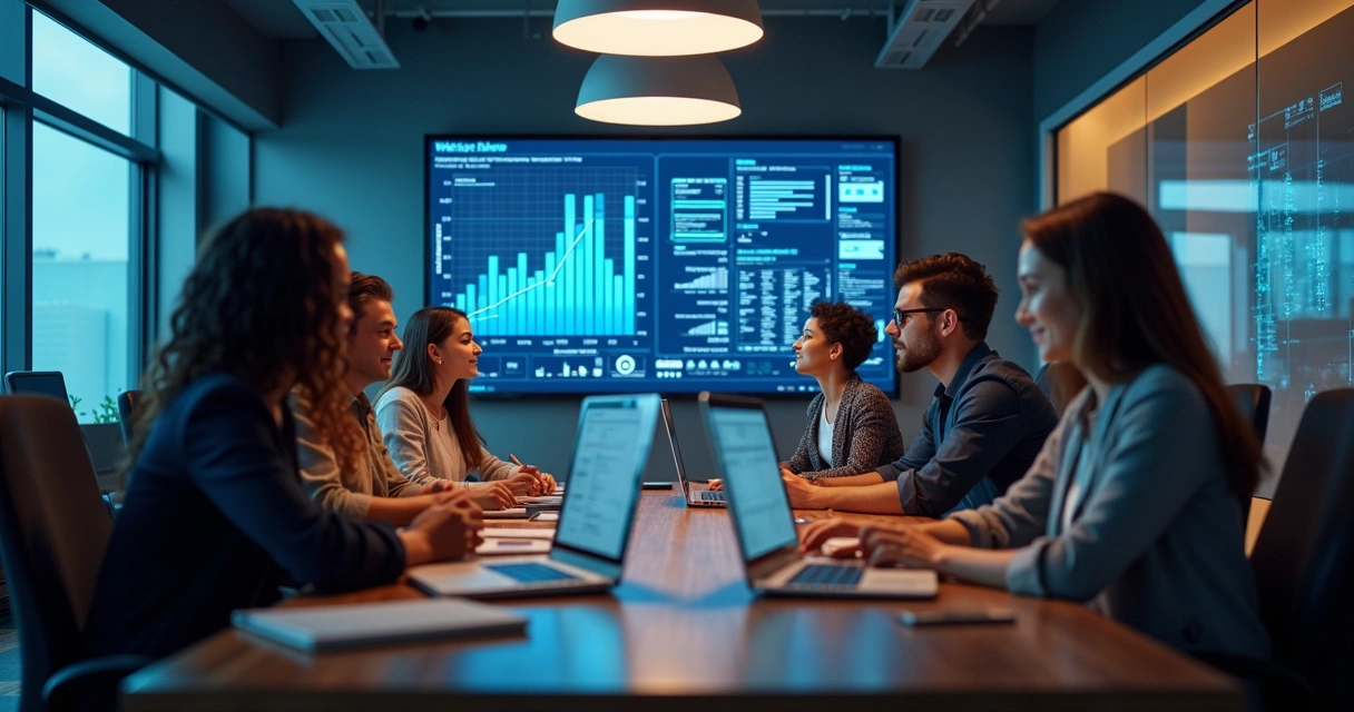 Equipe de trabalho reunida, discutindo frente a uma tela mostrando gráficos de IA 