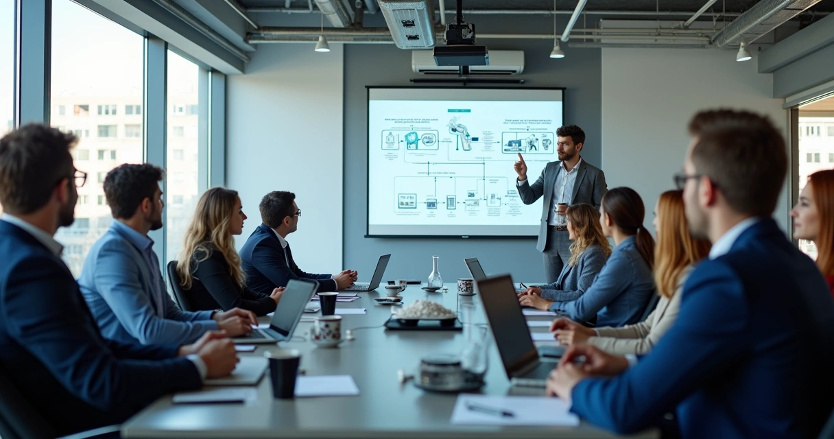 Pessoas em treinamento presencial, interagindo com computadores e instrutor ao lado 