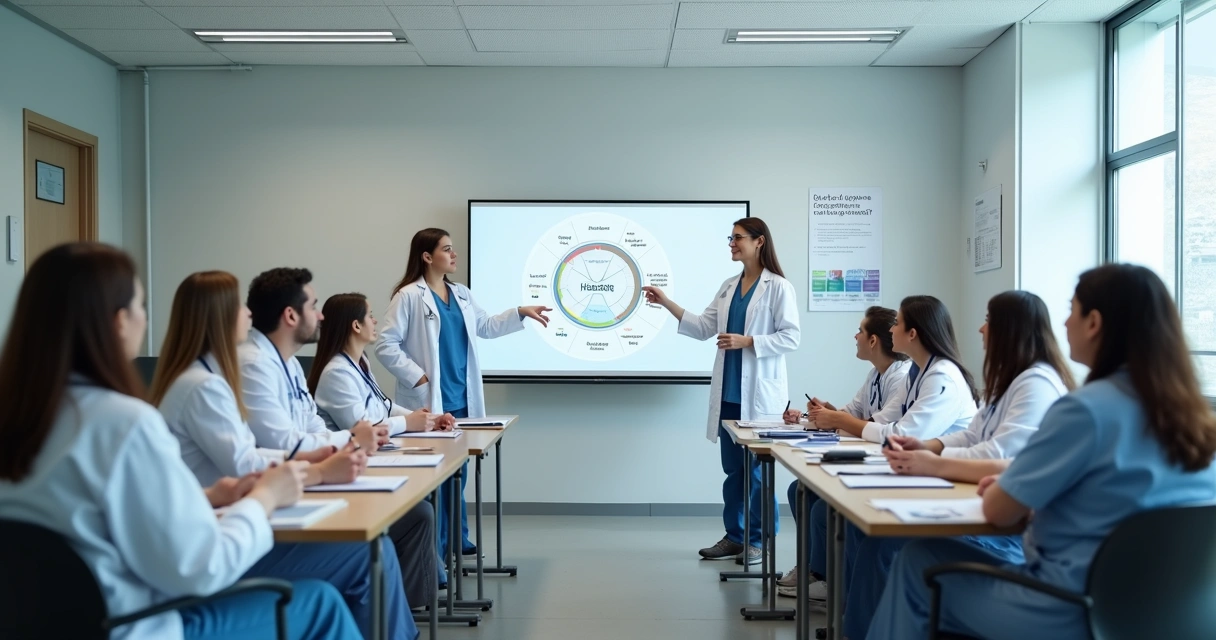 Profissionais da saúde reunidos em treinamento em sala de aula, com quadro explicativo 