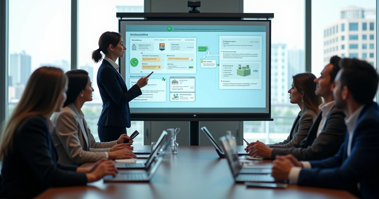 Equipe de imobiliária em treinamento para novos sistemas digitais de atendimento 