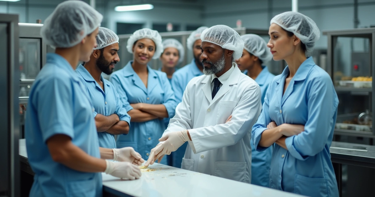 Equipe reunida em chão de fábrica durante treinamento prático 