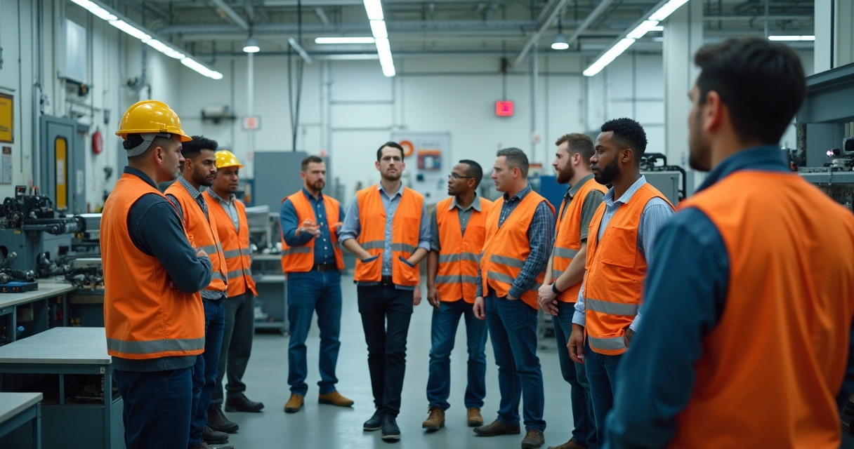 Treinamento de equipe operando máquinas industriais