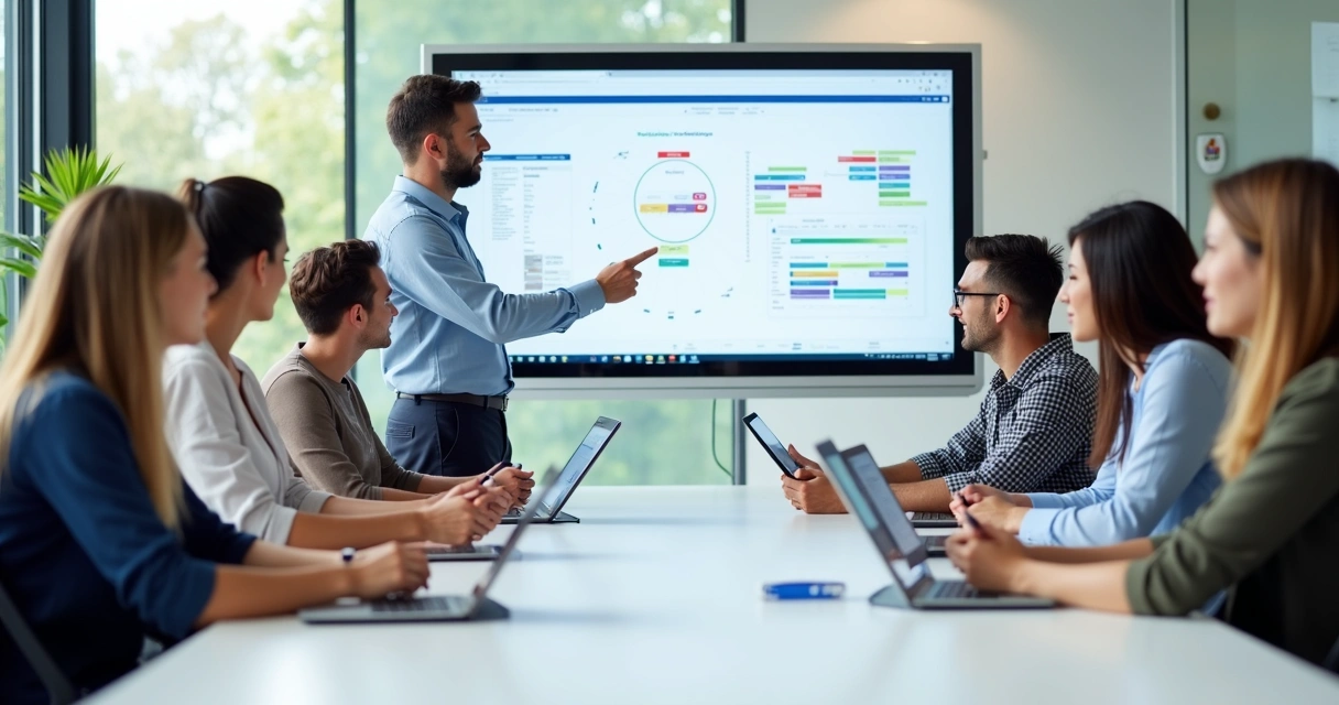 Treinamento prático de equipe com tablets e instrutor apontando tela interativa