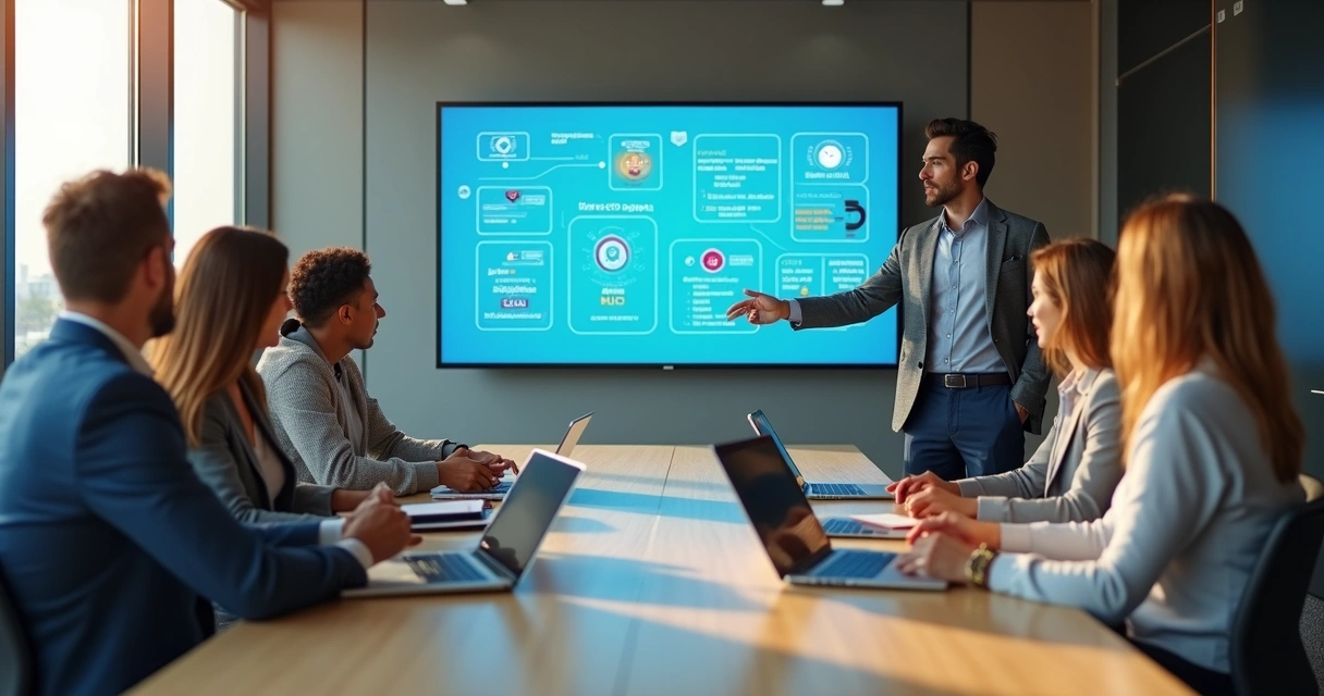 Equipe de escritório em treinamento colaborativo usando painel com ícones de inteligência artificial 