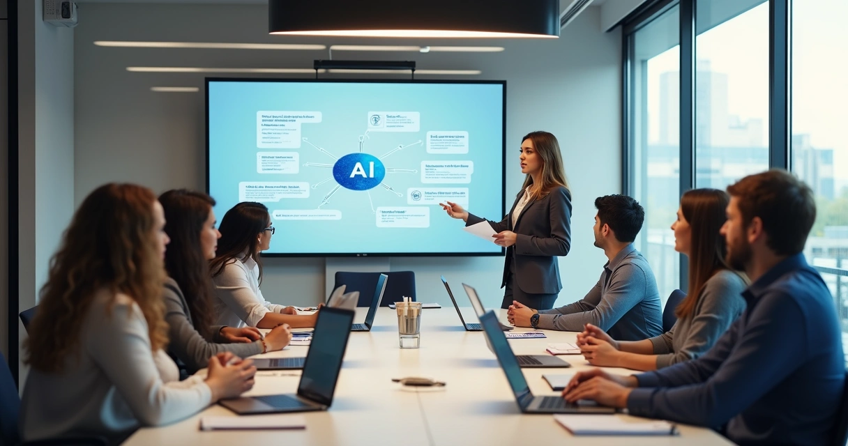 Equipe reunida em sala moderna usando computadores em sessão de treinamento sobre IA 