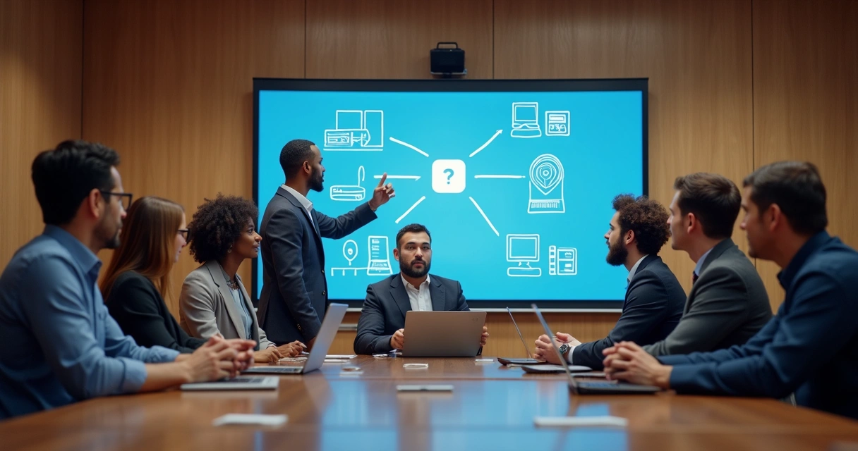 Reunião de equipe de TI debatendo segurança em IoT 