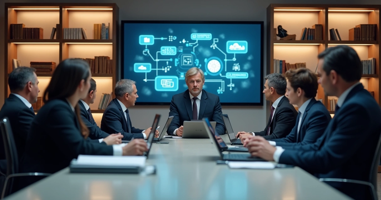 Treinamento para advogados em sala de reunião com instrutor e tela 