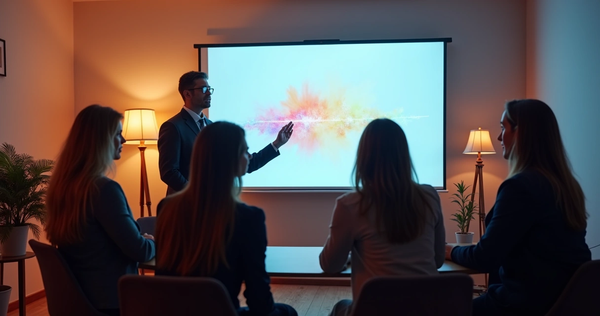 Equipe reunida em sala pequena olhando para quadro com fluxograma desenhado 