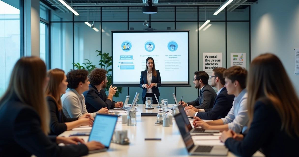 Treinamento de equipe sobre LGPD em sala de reunião 