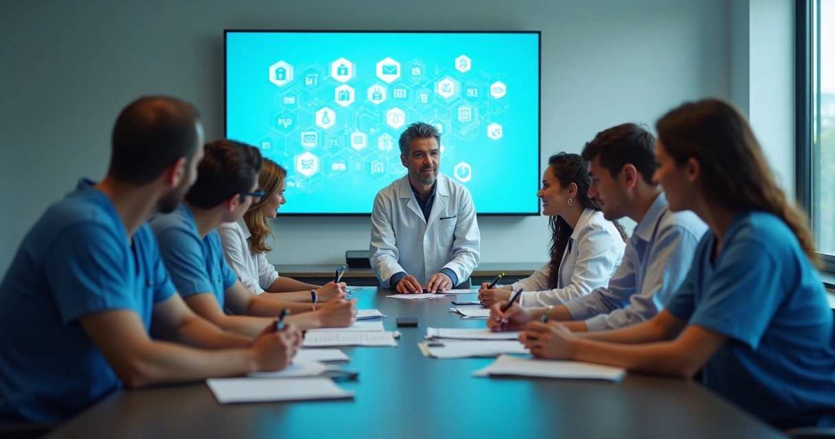 Equipe de clínica odontológica reunida em treinamento sobre proteção de dados
