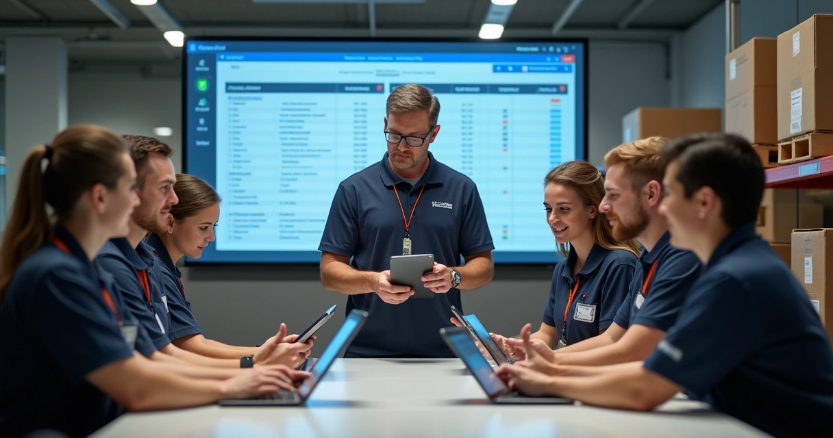 Treinamento de equipe de logística com tablets 
