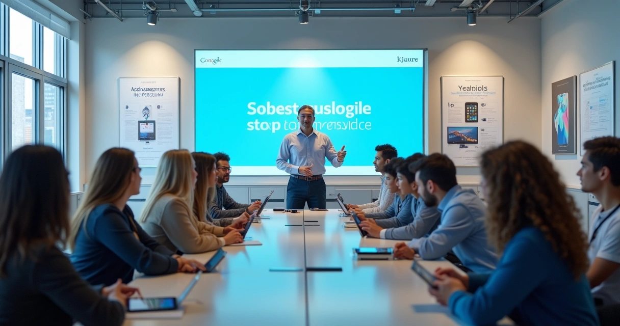Equipe de loja de celular em treinamento, todos atentos ao instrutor