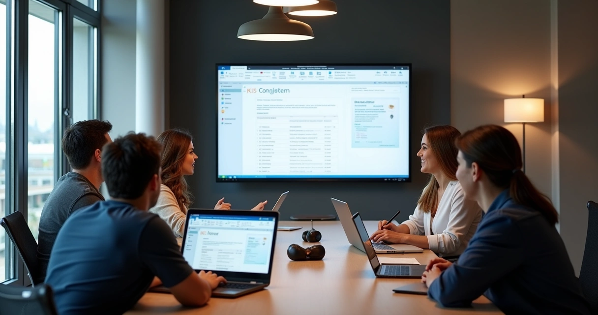Equipe de escritório assistindo treinamento sobre Microsoft 365 
