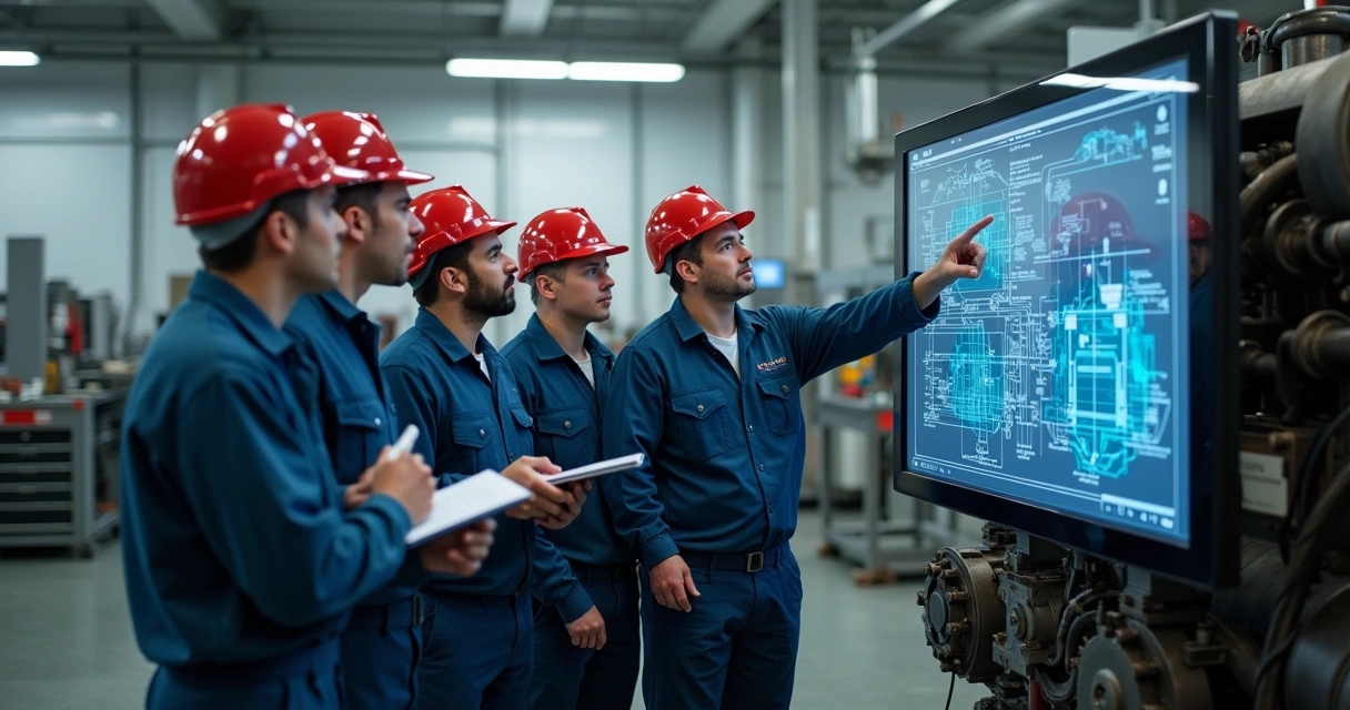 Equipe de manutenção em treinamento prático em uma indústria 
