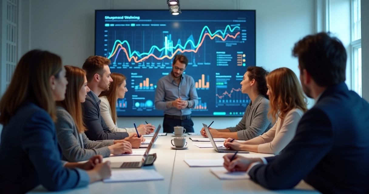 Equipe de marketing treinando com gráficos de desempenho ao fundo 