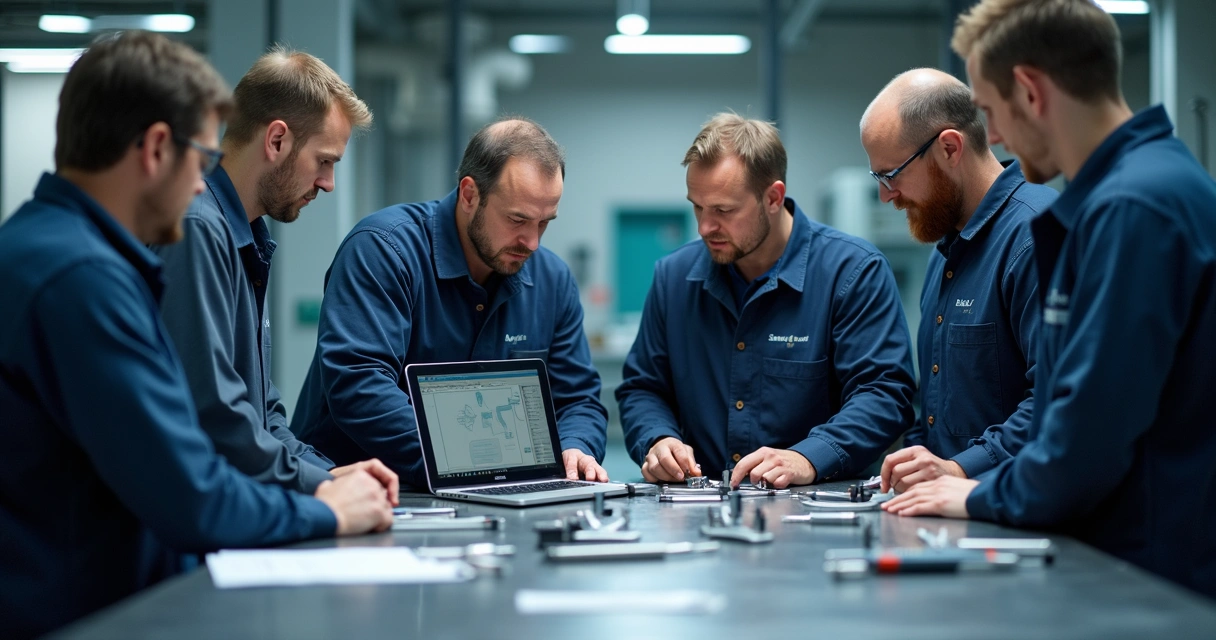 Equipe de metrologia em treinamento prático com instrumentos de medição