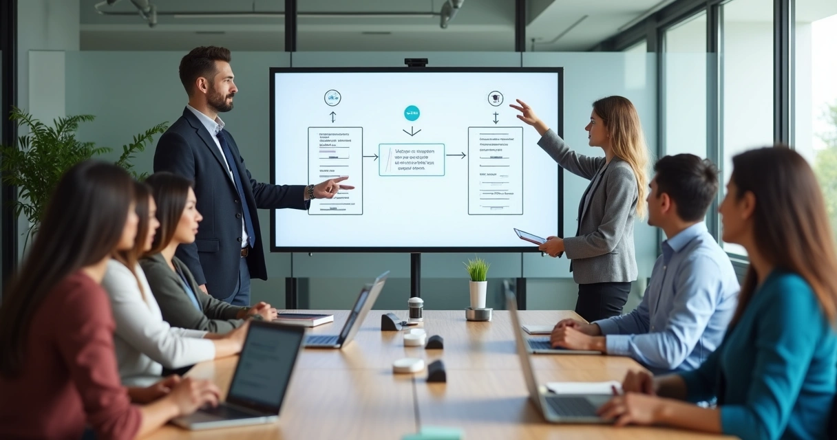 Líder interno apresentando treinamento para equipe em sala moderna com tela digital 