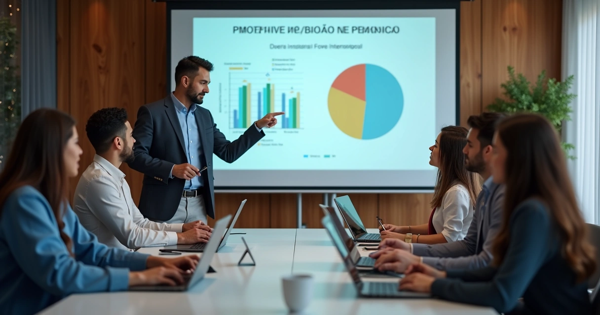 Equipe sendo treinada em sala de reunião empresarial 
