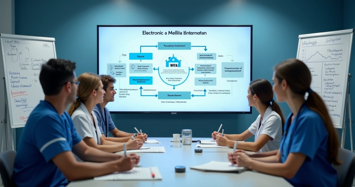 Equipe de clínica médica em treinamento sobre NFSe em sala de reuniões com telas explicativas 