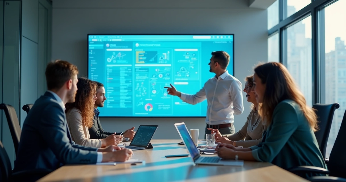 Equipe reunida treinando uso de plataforma no-code na tela 