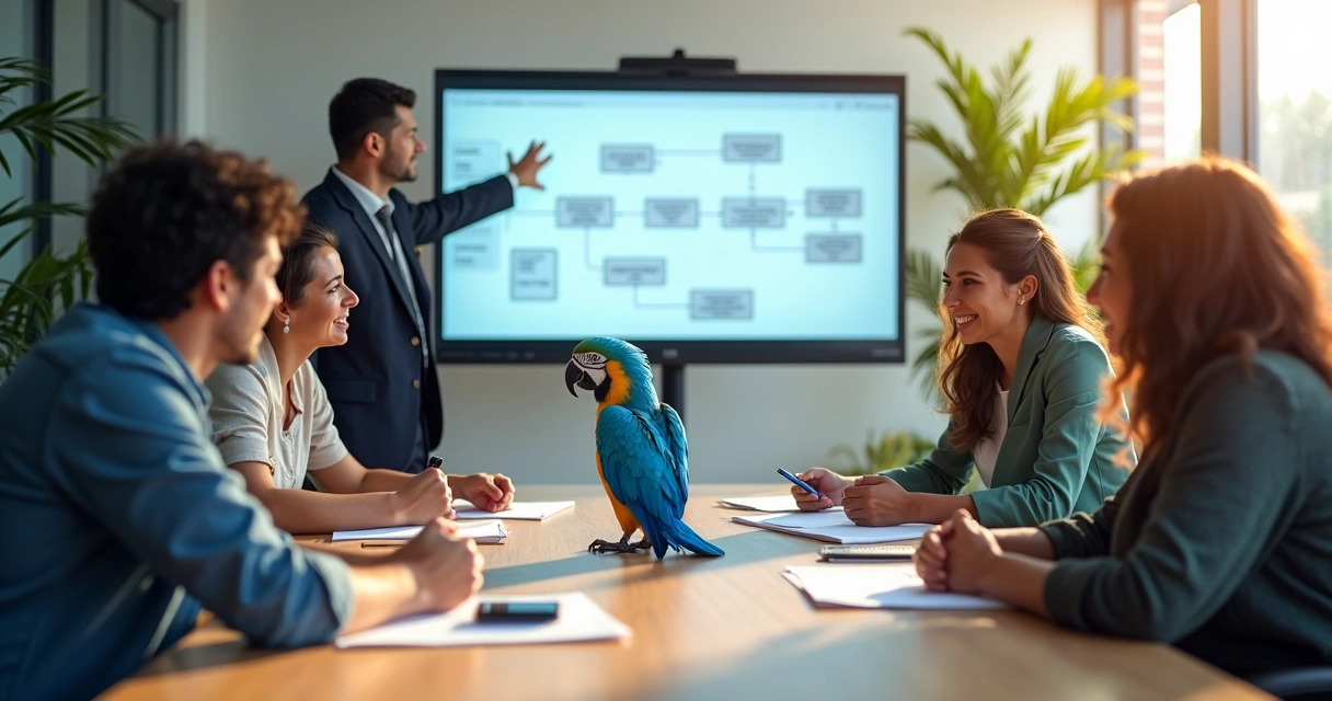 Equipe em sala de treinamento sobre sistemas no-code 