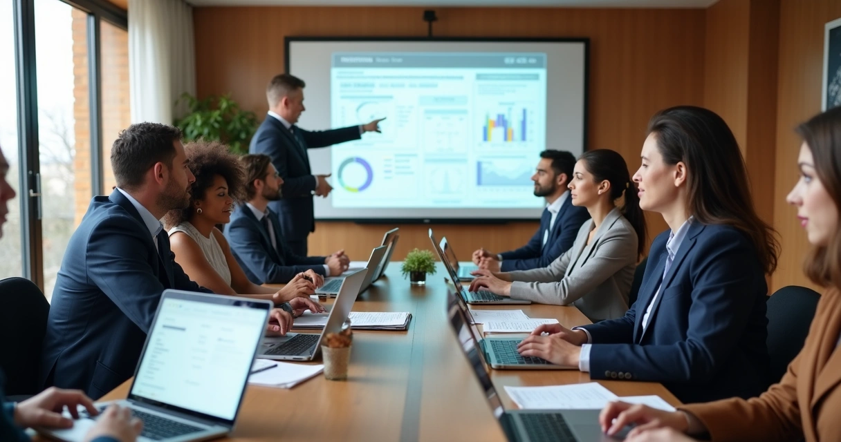 Equipe reunida em mesa com computadores abertos e anotações 