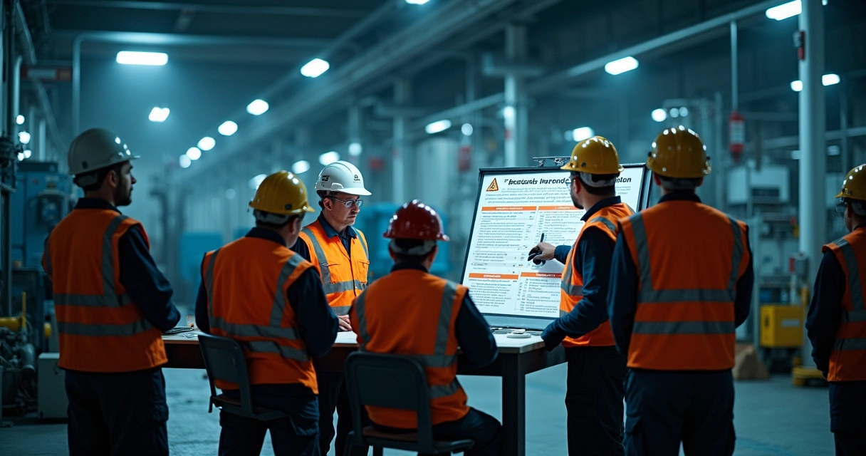 Instrutor apresenta normas de segurança para equipe noturna em indústria 