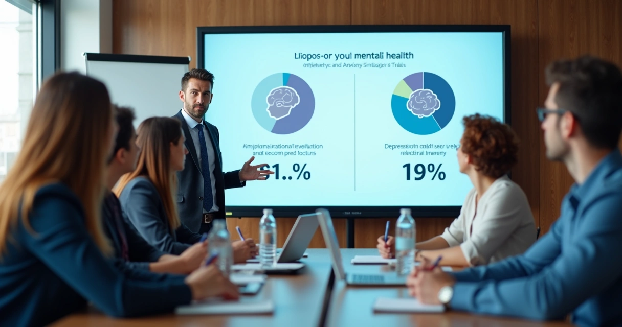 Equipe corporativa reunida em treinamento sobre saúde mental 