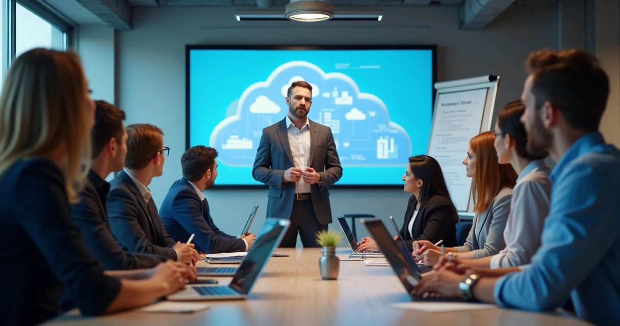Equipe contábil em treinamento sobre uso da nuvem 