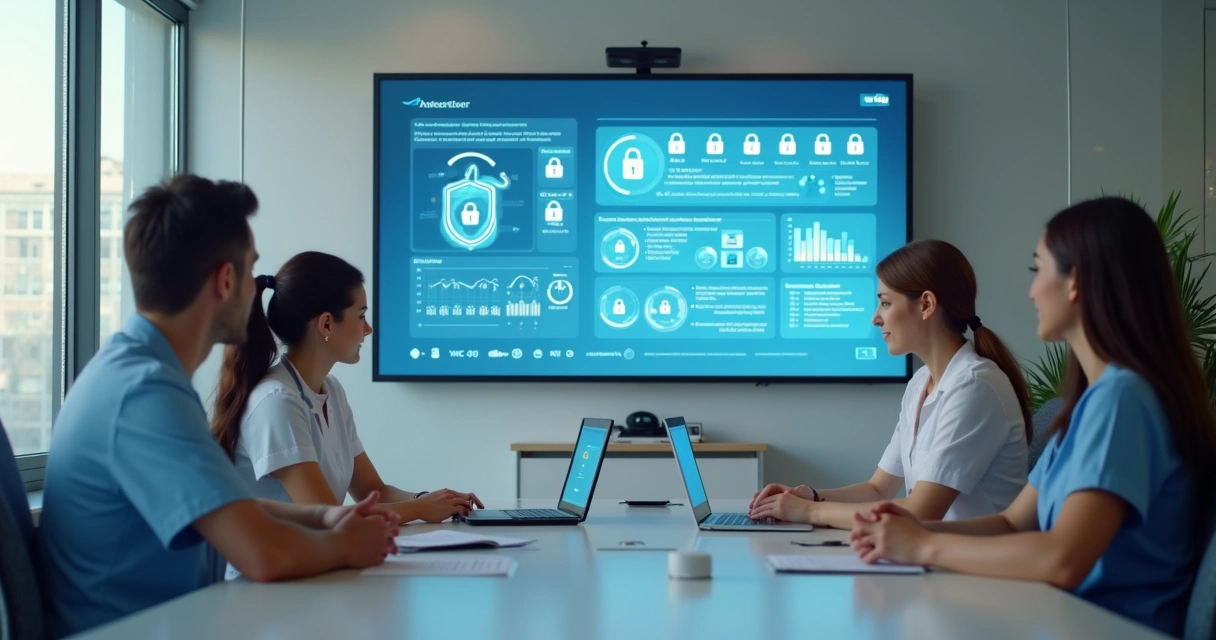 Equipe de clínica odontológica em treinamento de segurança digital 