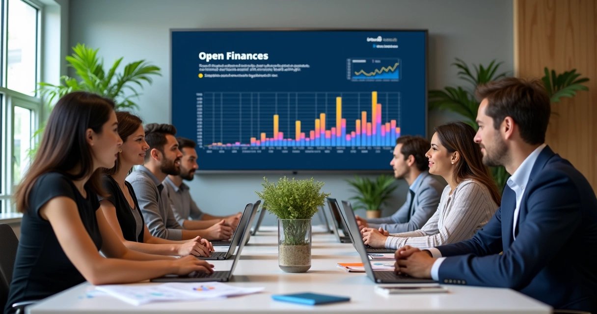 Equipe de profissionais em reunião de treinamento com notebook e gráficos financeiros na mesa 