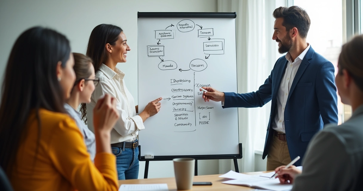 Equipe de pequeno negócio reunida em treinamento informal com quadro branco 