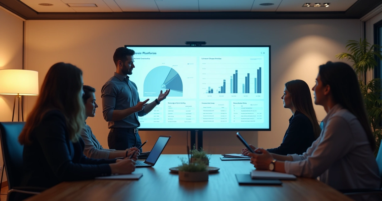 Treinamento em equipe com apresentação de plataforma em tela