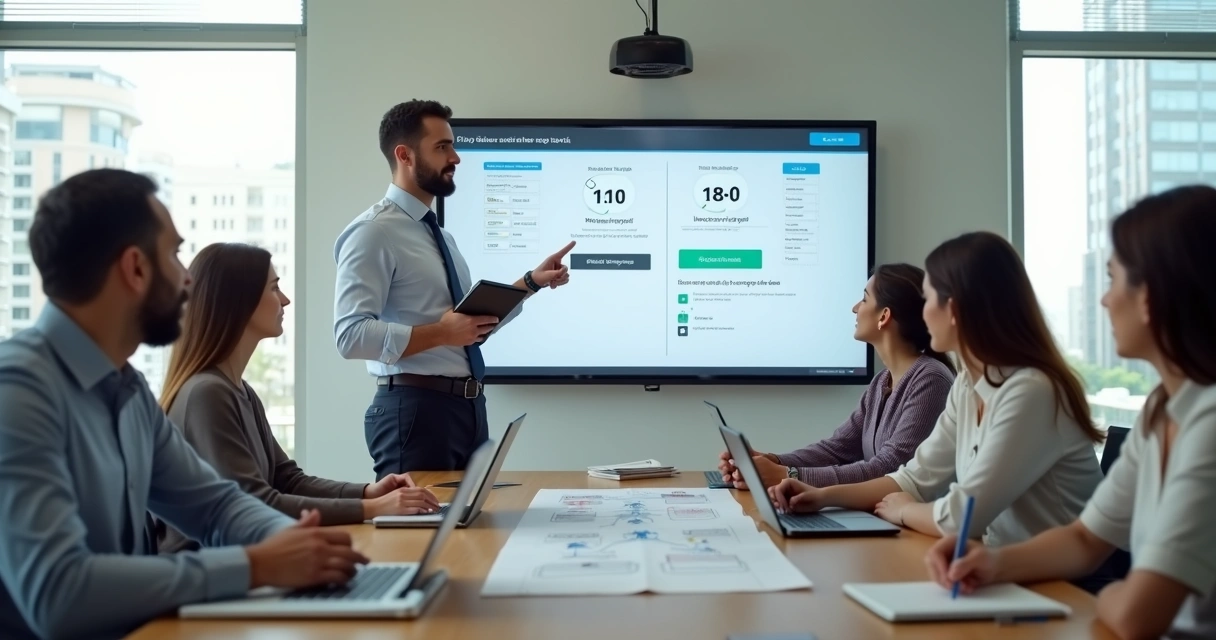 Equipe sendo treinada para usar sistema de ponto digital em escritório moderno 