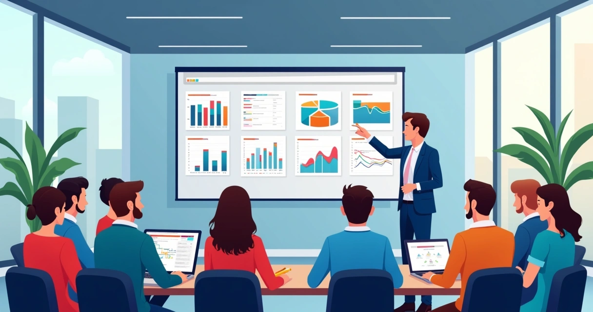 Treinamento de equipe com instructor em frente a telas mostrando dashboards no Power BI 