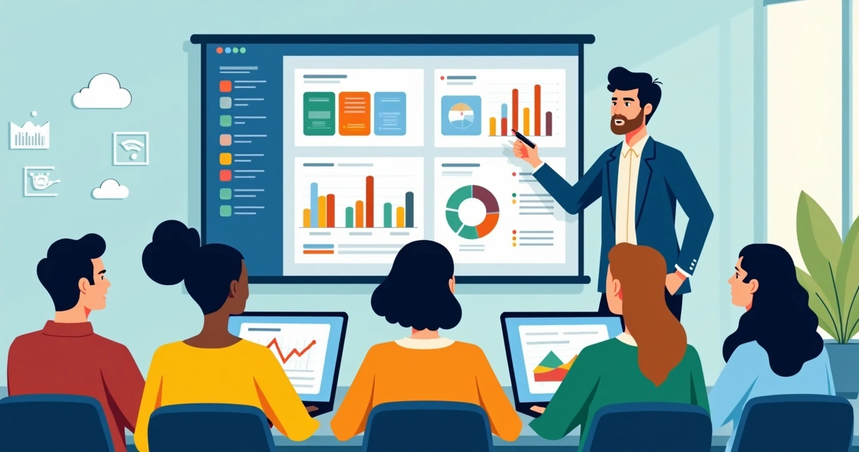 Equipe corporativa aprendendo a criar dashboards em Power BI em um treinamento 