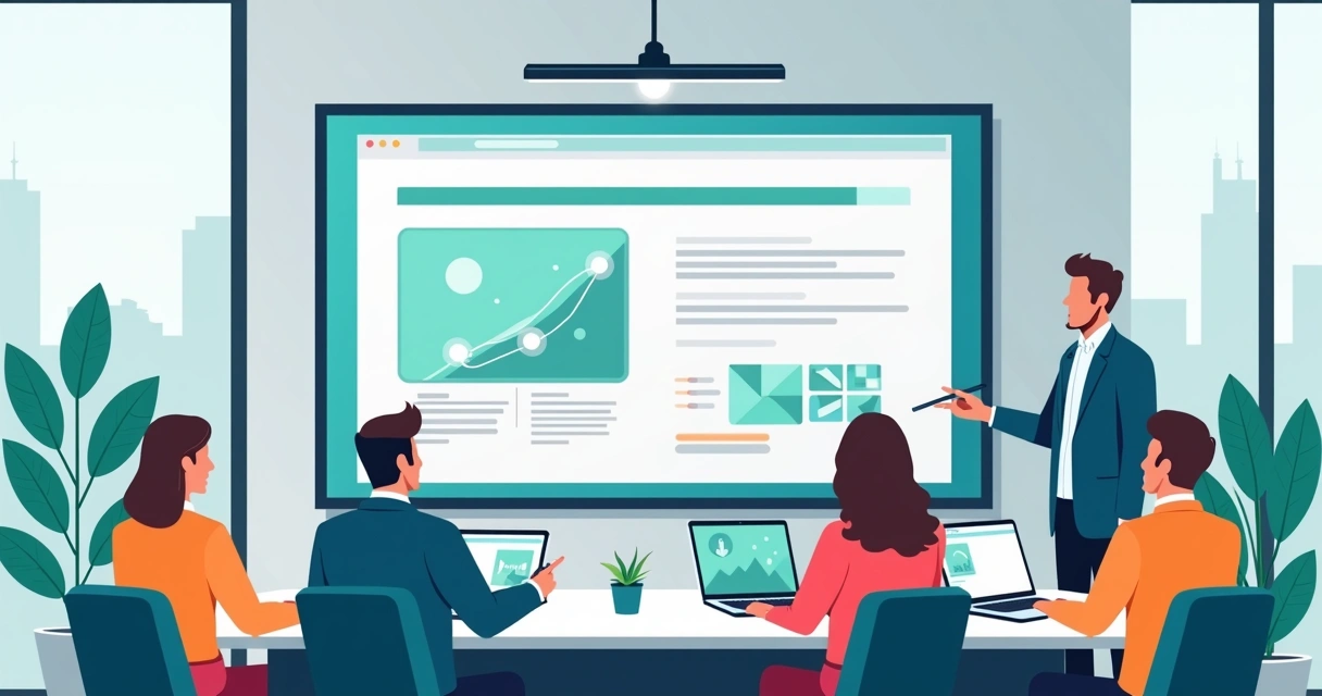 Equipe corporativa em treinamento usando PowerPoint com recursos avançados em uma sala moderna 