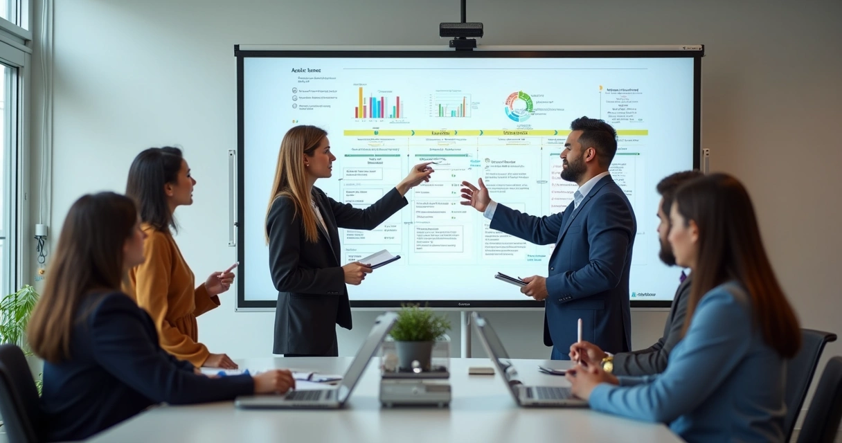 Colaboradores em treinamento prático de processos empresariais com quadro branco 