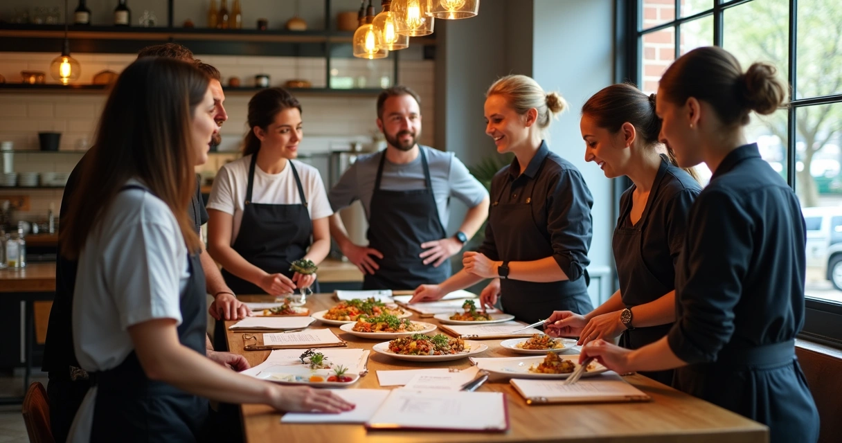 Equipe de restaurante discutindo cardápio juntos 