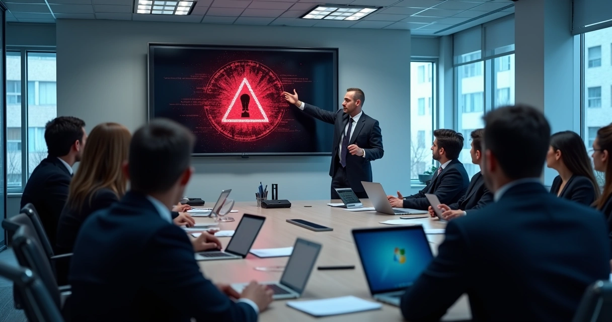 Funcionários assistindo a treinamento de segurança cibernética em sala de reunião empresarial