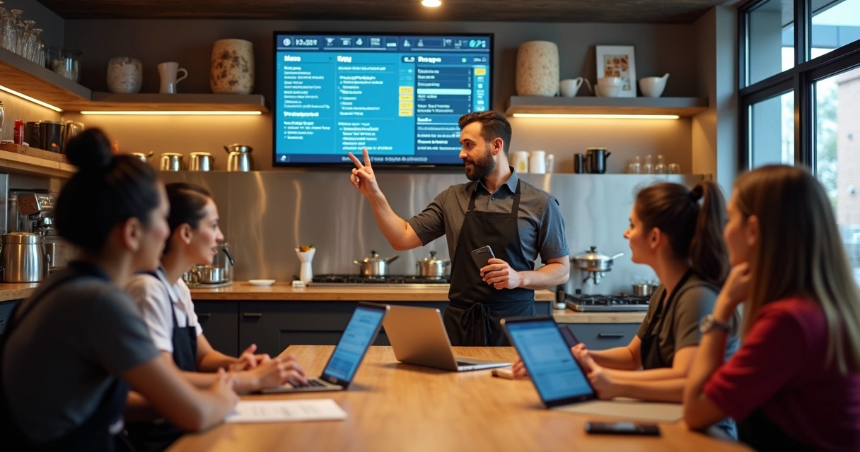 Treinamento de equipe com tablets em um restaurante