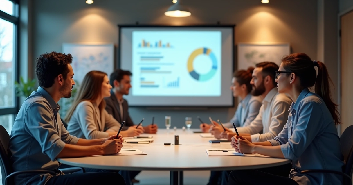 Equipe de RH em treinamento prático, sentados ao redor de mesa, trocando ideias 