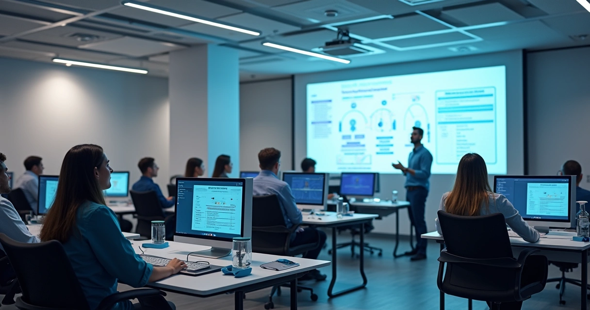 Colaboradores de escritório de contabilidade em treinamento com robôs digitais 