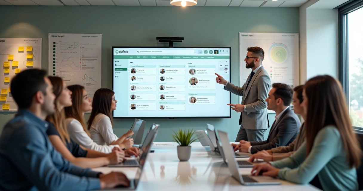 Equipe reunida em treinamento para atendimento WhatsApp com telas e instruções no fundo 