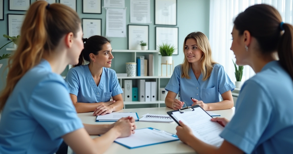 Equipe de clínica em treinamento, secretária participando de simulação de atendimento ao paciente 